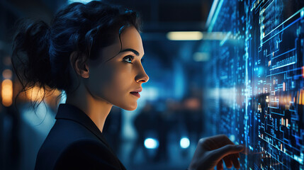 Businesswoman looking at futuristic interface screen for analysis data