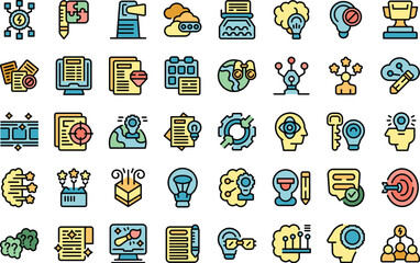 Creative thinking icons set outline vector. Idea solution. Bulb creative thin line color flat on white