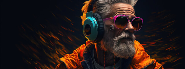 An Oldman in headphones poster with copy space
