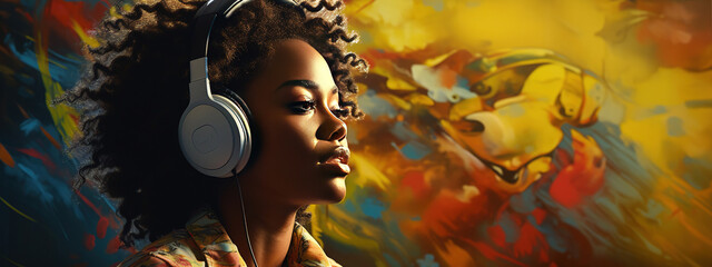 An African American woman in headphones listening to the music poster with copy space