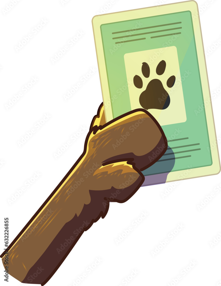 Wall mural cartoon-style illustration of dog paw holding dog id. little animal paw holding document. animal doc