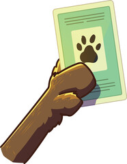 Cartoon-style illustration of dog paw holding dog ID. Little animal paw holding document. Animal document art. Pet ID. © TT