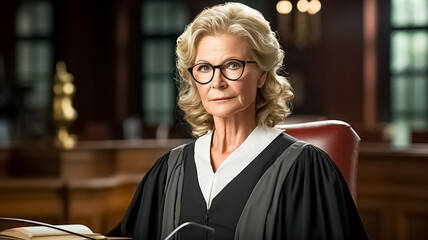 Portrait of successful female serious judge with american flag behind her. Portrait of a woman attorney.