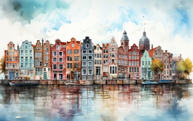 Obraz premium Watercolor of the city canal in the country.