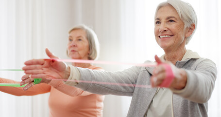 Band, yoga class and senior happy people stretching, listening and exercise arm for activity,...
