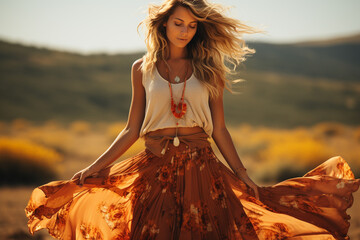 1970s Boho Chic: A lady adorned in a flowy maxi dress and flower crown, capturing the free-spirited essence of the '70s