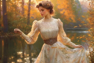 Embracing the allure of Edwardian romance, a lady elegantly wears a lace-trimmed blouse and a long, flowing skirt that perfectly captures the romantic essence of the Edwardian era - obrazy, fototapety, plakaty