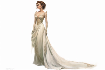 Fototapeta premium Beautiful woman in Victorian epoch dress on white backgorund, isolated