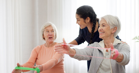 Band, yoga class and senior happy people stretching, listening and exercise arm for activity, retirement or club. Resistance fabric, pilates and elderly women training, fitness and workout in studio