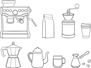 Coffee elements collection. Hand drawn cartoon style vector illustration.