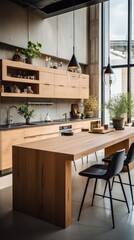 Fototapeta na wymiar Minimalist interior of a loft kitchen with modern furniture. Generative AI
