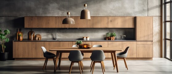 Minimalist interior of a loft kitchen with modern furniture. Generative AI