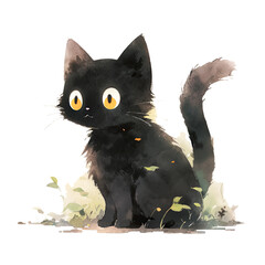 Halloween black cat. Watercolor black cat on transparent background. Generative AI