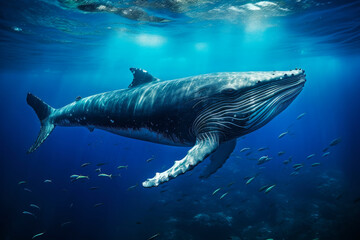 Naklejka premium Beautiful blue whale in the sea. Generative AI