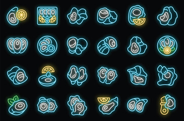 Oysters icons set outline vector. Seafood shell. Nature food neon color on black