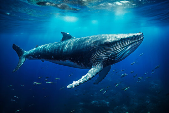 Beautiful blue whale in the sea. Generative AI