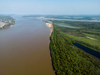 Aerial view of the huge river and lifeline Rio Paraná in the Province Entre Rios in the Argentinian Mesopotamia - Traveling South America 