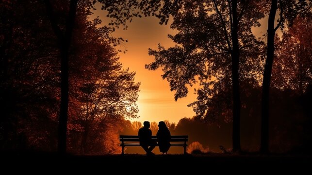 Silhouette of Two Lovers in a Park, Generative AI