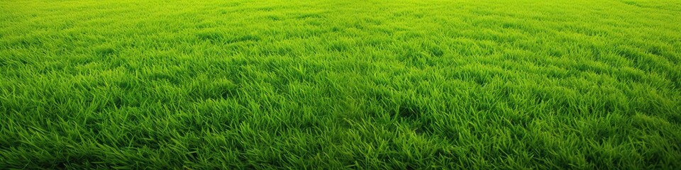 Obraz premium Beautiful natural scenic panorama green field of cut grass into and blue sky with clouds on horizon. Perfect green lawn on summer sunny day
