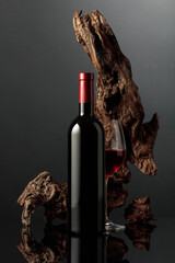Red wine and old snag on a black background.
