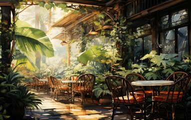 Restaurant in the garden with the light flare.