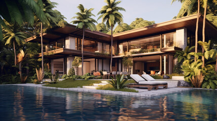 Fototapeta na wymiar .Modern home with swimming pool or Luxury private pool villa outdoor design.
