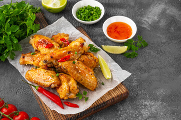Baked chicken wings served with sweet chili sauce and fresh herbs. Selective focus.