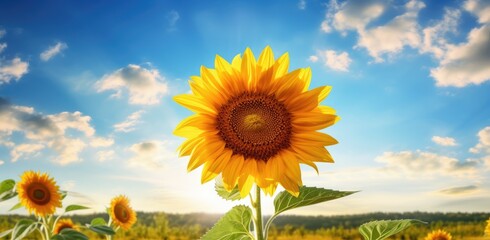 a sunflower in the middle of the field in front of the sky Generative AI