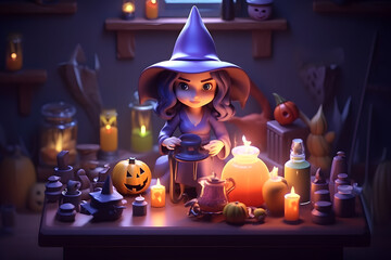 cute witch in halloween concept 3d ai generated