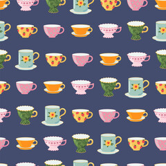 Tea or coffee cups vector seamless pattern. Ceramic crockery theme. Cartoon mugs Kitchen background