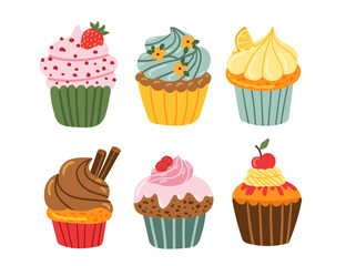 Sweet yummy cupcake, creamy cake, muffin collection vector ilustration. Flat style cartoon cake icon set isolated on white background