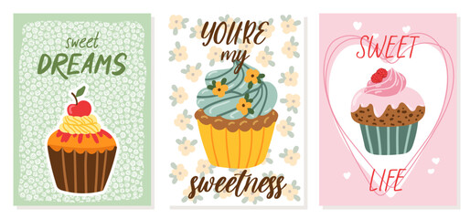 Greeting card template collection Cute cartoon cupcake for birthday, valentines day, scrapbook or bakery design postcard, poster or banner.