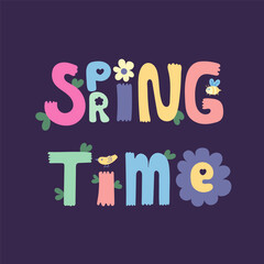 Hello Spring time handwritten typography lettering text colorful background banner. Season vocation, weekend, holiday print, card