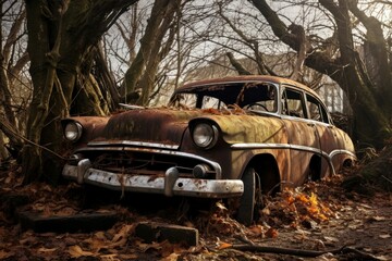 Abandoned broken car. Generate Ai