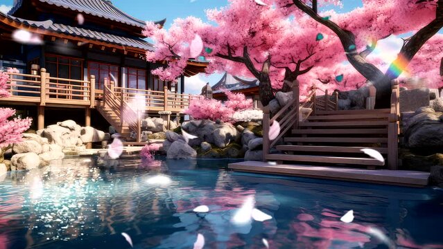 anime background fantasy landscape with temple in autumn, with sakura or cherry blossom tree and lake, high mountain background video	