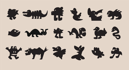 Fototapeta premium Various abstract animals. Cat, bird, chameleon, snake, duck, fish, crocodile, parrot. Quirky shapes. Hand drawn doodles. Contemporary trendy Vector illustration. Set of black icons. 