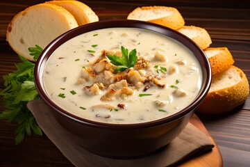 Creamy Homemade New England Clam Chowder with Fresh Clams. Served hot in a Bowl with a Spoon. Perfect Seafood Soup for Dinner or Lunch: Generative AI
