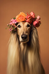 Portrait of an afghanistan hound, with flower wreath on head. Pets, decoration. AI generative, illustration.