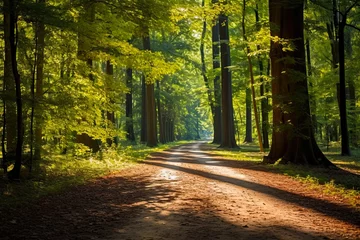 Fototapete Straße im Wald Experience the History and Tranquility of Sunken Old Natchez Trace Pathway in Mississippi's Natchez Trace Parkway trail amidst the Forested Shade: Generative AI