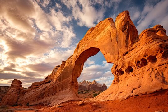Cassidy Arch in Capitol Reef National Park. Majestic Sandstone Erosion Formation Amidst Stunning Utah Landscape with Dramatic Clouds in the Background: Generative AI