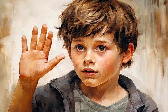 Communicating with the Deaf: Cute Caucasian Boy Using Aid to Hear You on Soft Background: Generative AI
