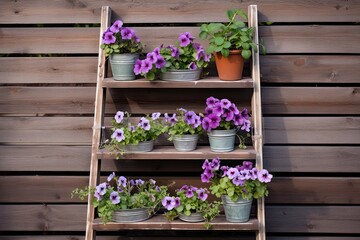 Fototapeta na wymiar Rustic Ladder Shelf with Decorative Flowers. Pansies, Violets, and Violas Planting on Wood Wall Leaning Shelf. Generative AI