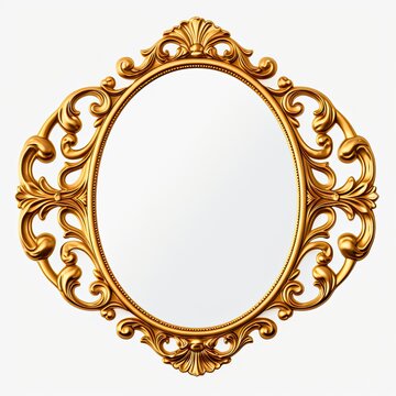 Ornament Mirror Frame. Classic Vintage 3D Illustration of Antique Oval Picture Frame Isolated on Gold: Generative AI