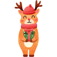 hand drawn reindeer wear santa hat png illustration, winter concept isolated background