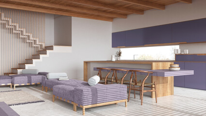 Modern wooden living room and kitchen in white and purple tones. Sofas, island with chairs and resin floor. Beams ceiling, japandi minimal interior design