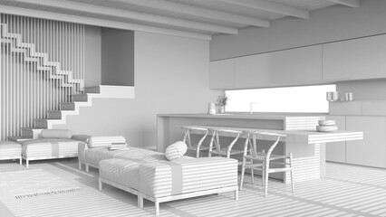Total white project draft, modern wooden living room and kitchen. Sofas, island with chairs and...