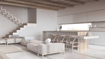 Modern bleached wooden living room and kitchen in white and beige tones. Sofas, island with chairs...