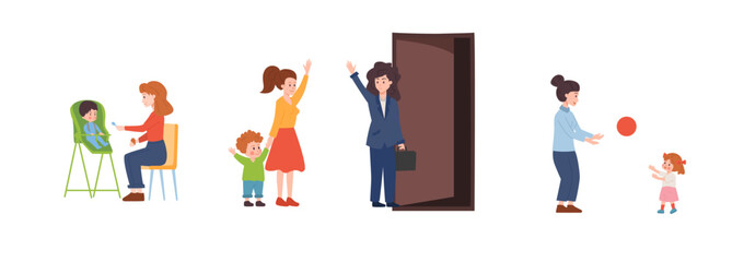 Set of vector illustrations of Family Babysitter services, the nanny feeds, plays with the child, isolated on white background