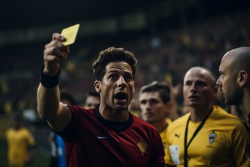 Soccer referee presents a yellow card, ejecting the fouled player. - obrazy, fototapety, plakaty