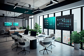 Modern office interior, meeting room with monitors for videoconferencing. Abstract illustration.